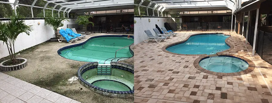 Real On-Time Pool Service before and after pool renovation showing a refreshed pool, spa and paver deck