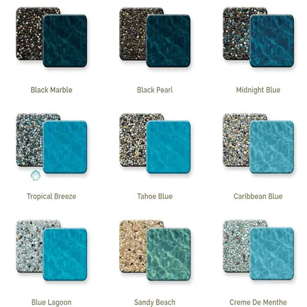Examples of PebbleTec finish colours and the water colours they can create