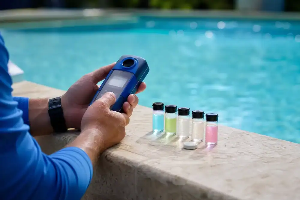 An On-Time Pool Service technician testing pool water chemistry