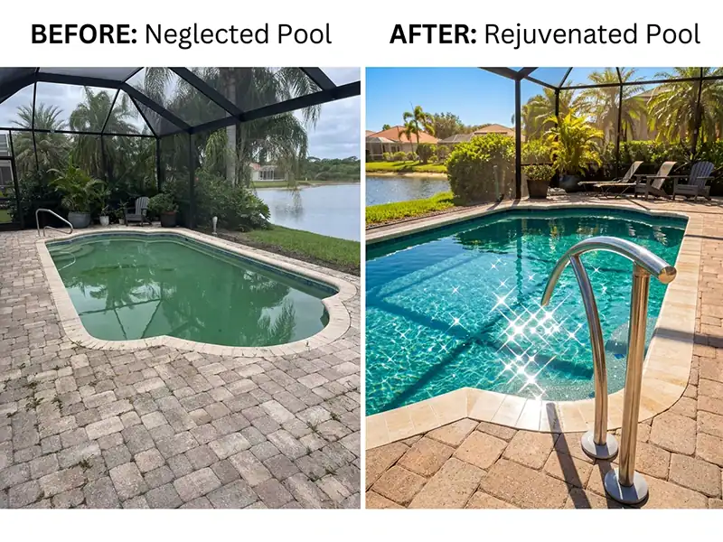 Real On-Time Pool Service before-and-after renovation showing a renewed pool surface, clear water, coping and paver deck