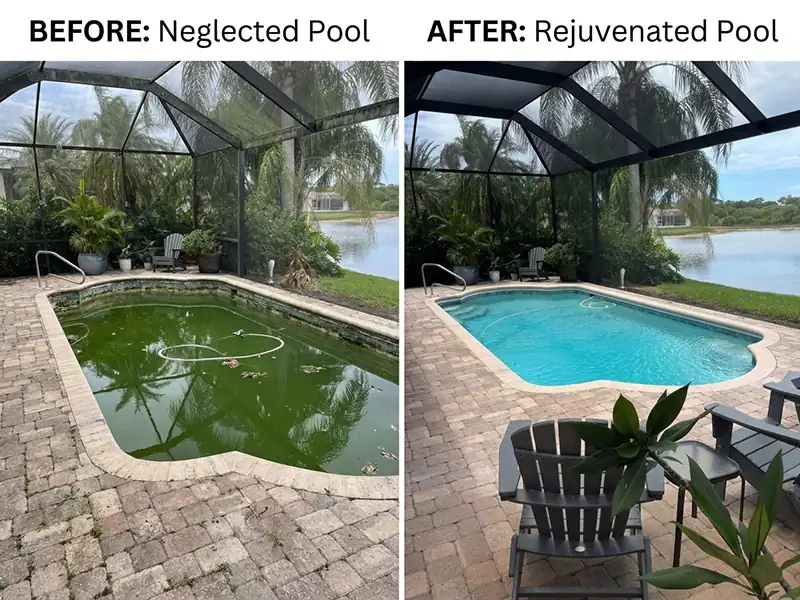 Real On-Time Pool Service before-and-after renovation showing a renewed pool surface, coping and paver deck