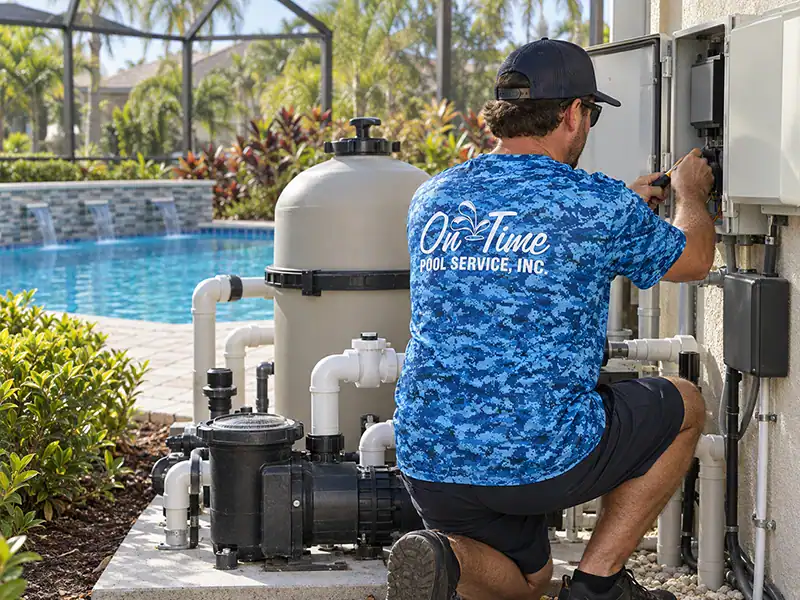 Pool technician installing a modern automation control system at a Sarasota pool equipment pad