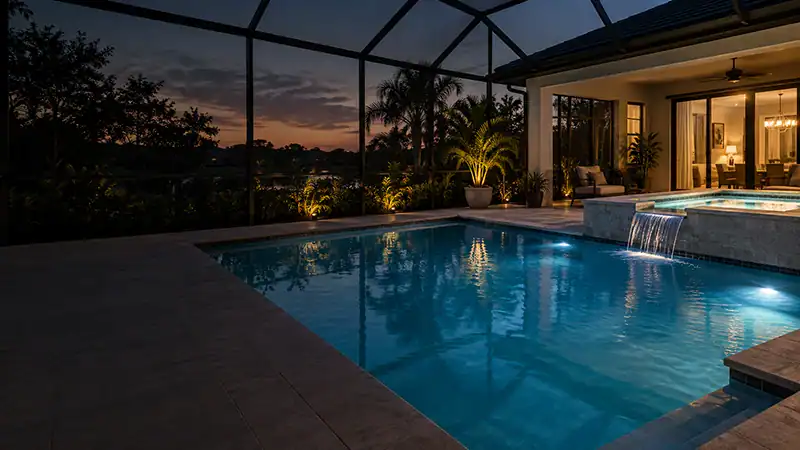 Illuminated Sarasota pool and spa ready for an evening at home