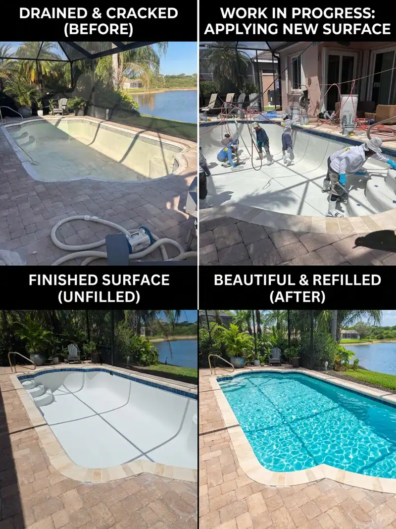 Real On-Time Pool Service before and after renovation showing a renewed pool, spa and paver deck