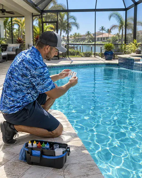 Technician skimming and testing water chemistry during weekly pool cleaning in Sarasota, FL