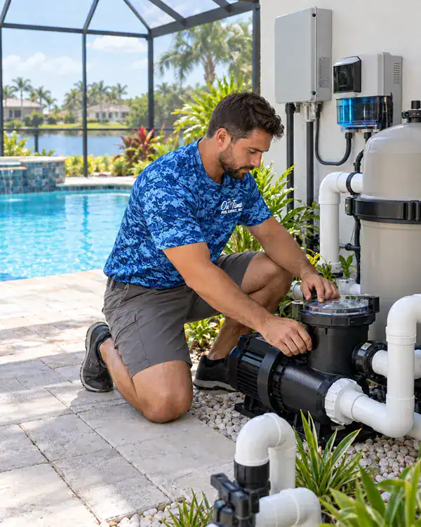 Pool technician inspecting a residential pool equipment pad during equipment repair service in Sarasota, Florida