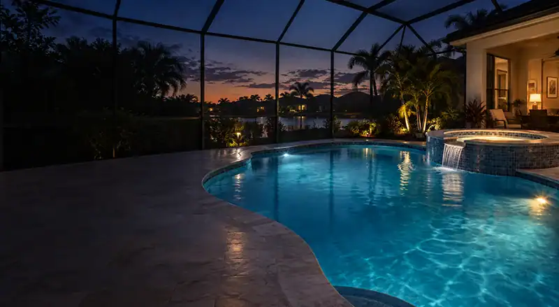 Evening Sarasota pool and spa with blue lighting, ready for automated control