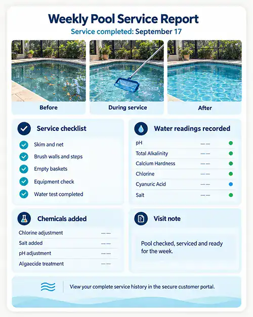 Example of a detailed weekly pool service report with images, checklist and visit information