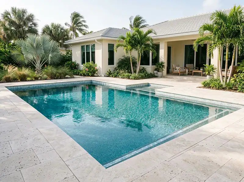 Renovated Longboat Key-inspired residential pool with a pale stone deck, coastal planting and a refined Gulf Coast home