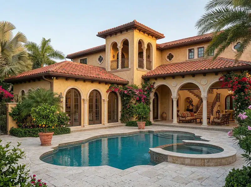 Renovated St. Armands Key residential pool with pale stone coping, tropical landscaping and an elegant coastal home